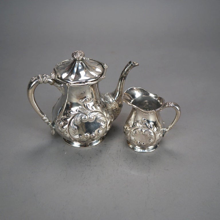 Two Piece Antique Silver Plated Tea Set with Foliate Engraving C1890