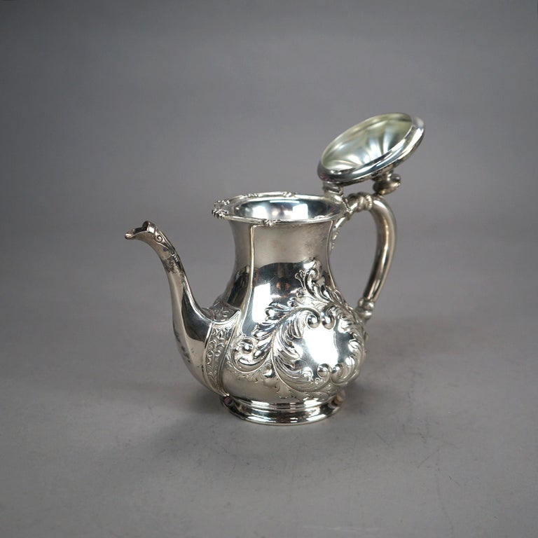 Two Piece Antique Silver Plated Tea Set with Foliate Engraving C1890