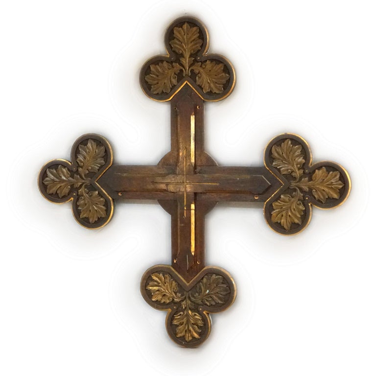 Antique Monumental Gothic Parcel Gilt & Polychromed Carved Oak Cross 19thC