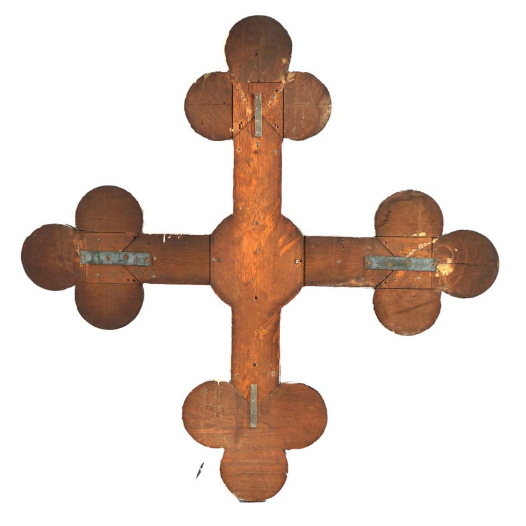 Antique Monumental Gothic Parcel Gilt & Polychromed Carved Oak Cross 19thC