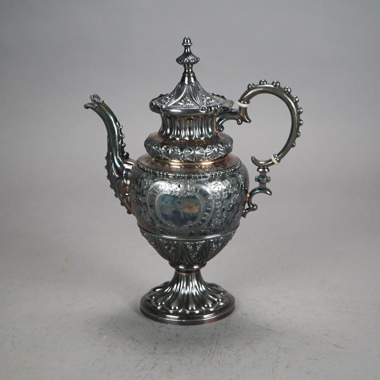 Three Piece Antique Silver Plated Tea Set with Foliate Engraving C1890