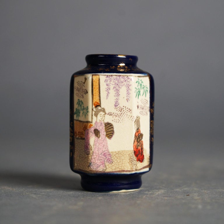 Five Antique Japanese Blue Satsuma Porcelain Miniature Vases, Genre Scenes C1920
