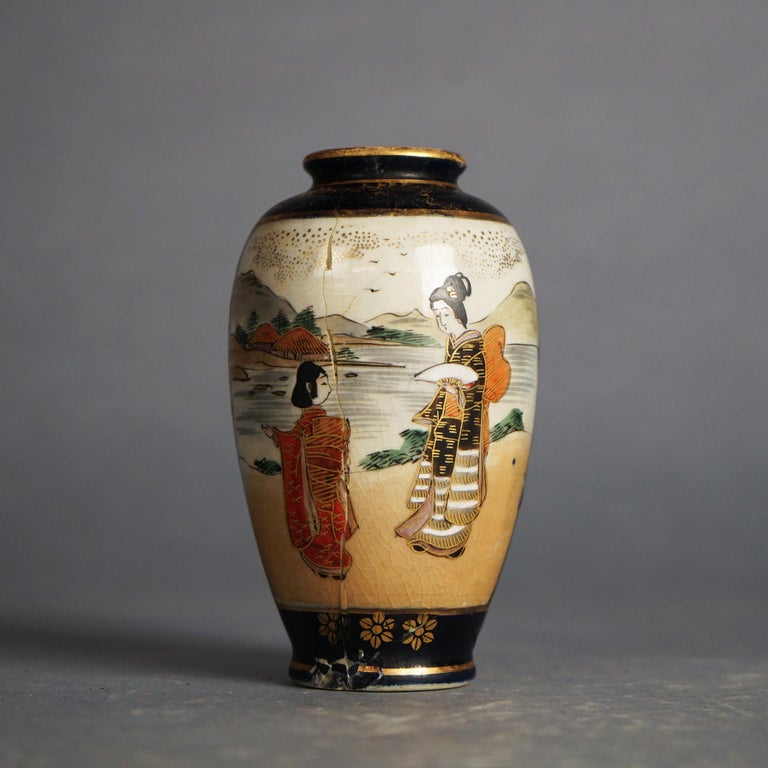 Five Antique Japanese Blue Satsuma Porcelain Miniature Vases, Genre Scenes C1920
