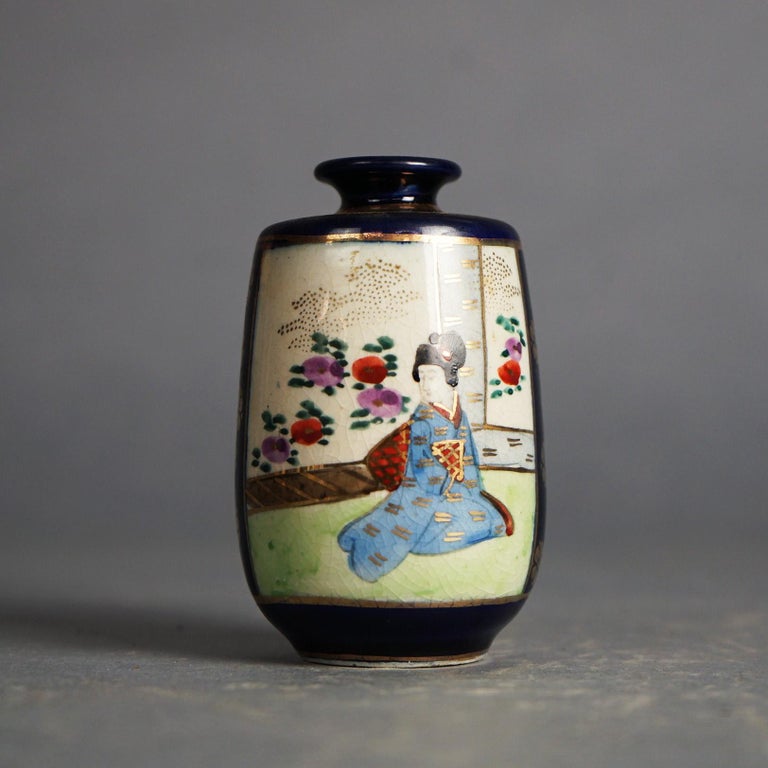 Five Antique Japanese Blue Satsuma Porcelain Miniature Vases, Genre Scenes C1920