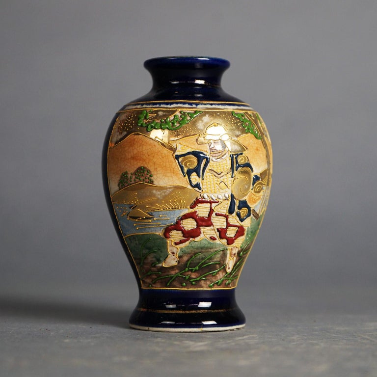 Five Antique Japanese Blue Satsuma Porcelain Miniature Vases, Genre Scenes C1920