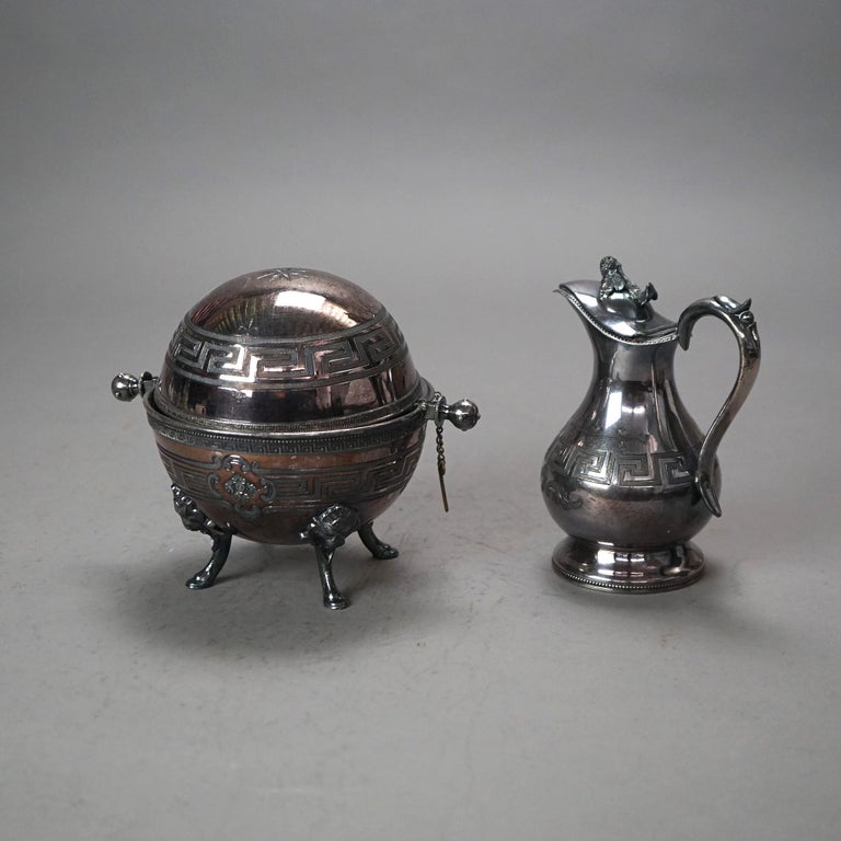 Two Piece Antique Silver Plated Creamer & Sugar Bowl Set with Greek Key C1890