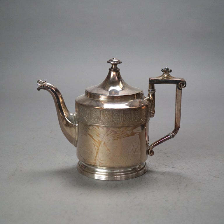 Six Piece Antique Silver Plated Engraved Tea Set C1890