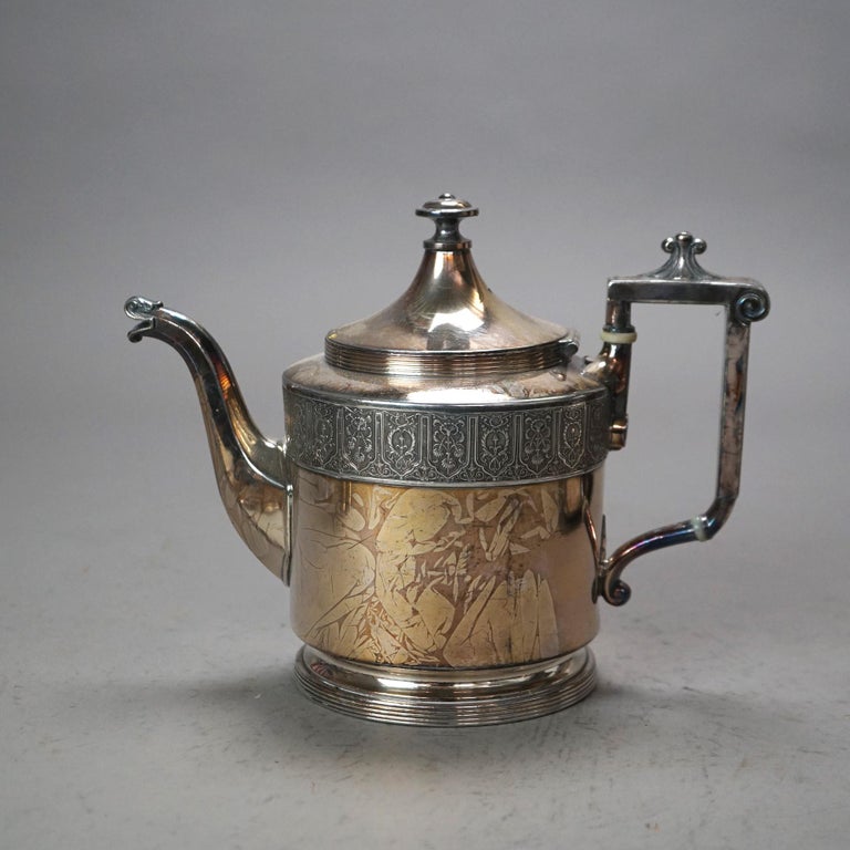 Six Piece Antique Silver Plated Engraved Tea Set C1890