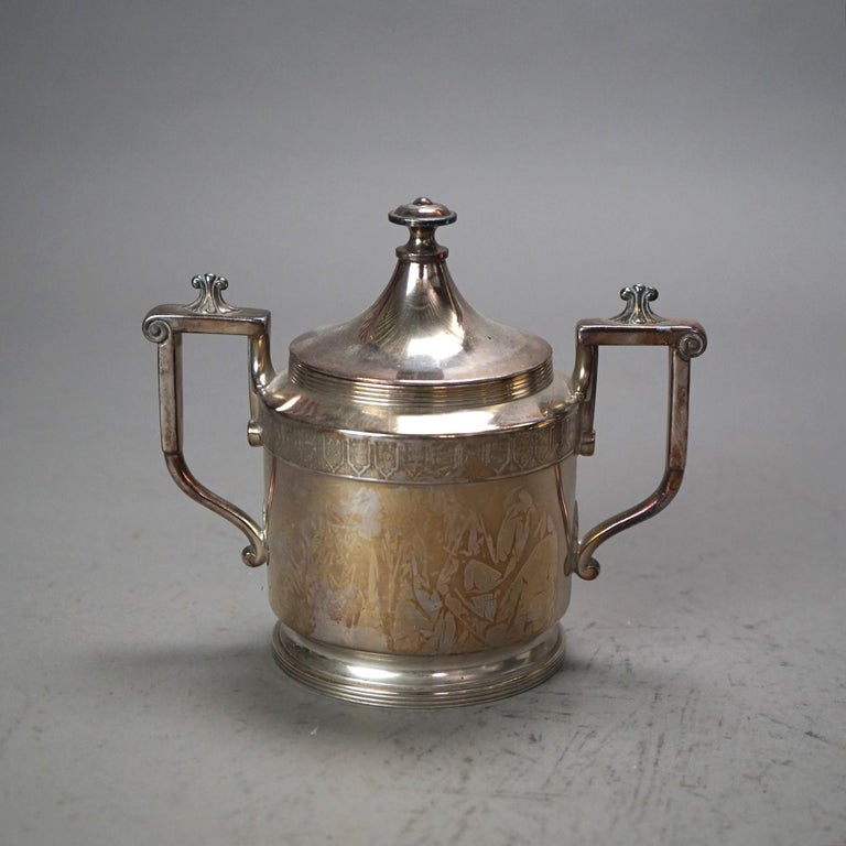 Six Piece Antique Silver Plated Engraved Tea Set C1890