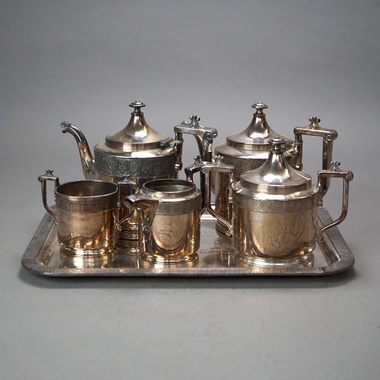 Six Piece Antique Silver Plated Engraved Tea Set C1890