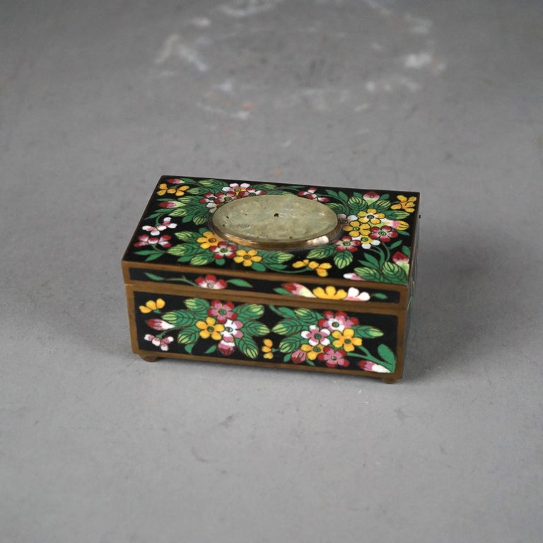 Antique Chinese Cloisonne Floral Enameled & Carved White Jade Dresser Box C1920
