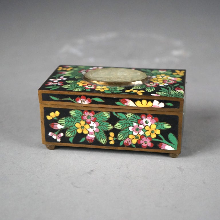 Antique Chinese Cloisonne Floral Enameled & Carved White Jade Dresser Box C1920