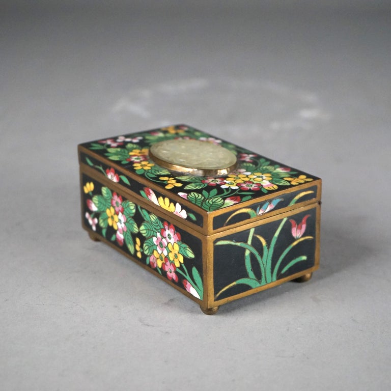 Antique Chinese Cloisonne Floral Enameled & Carved White Jade Dresser Box C1920