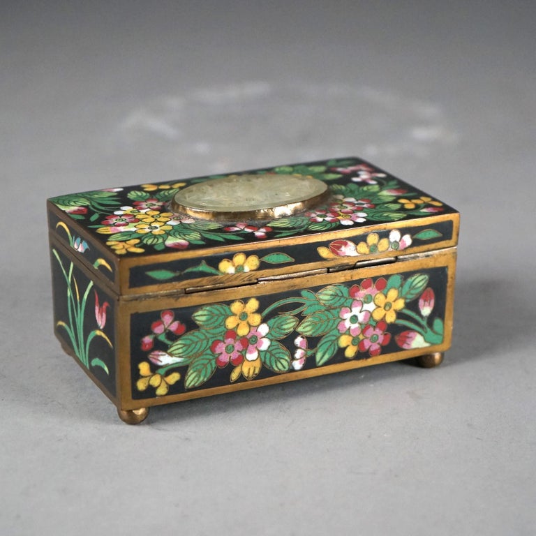 Antique Chinese Cloisonne Floral Enameled & Carved White Jade Dresser Box C1920