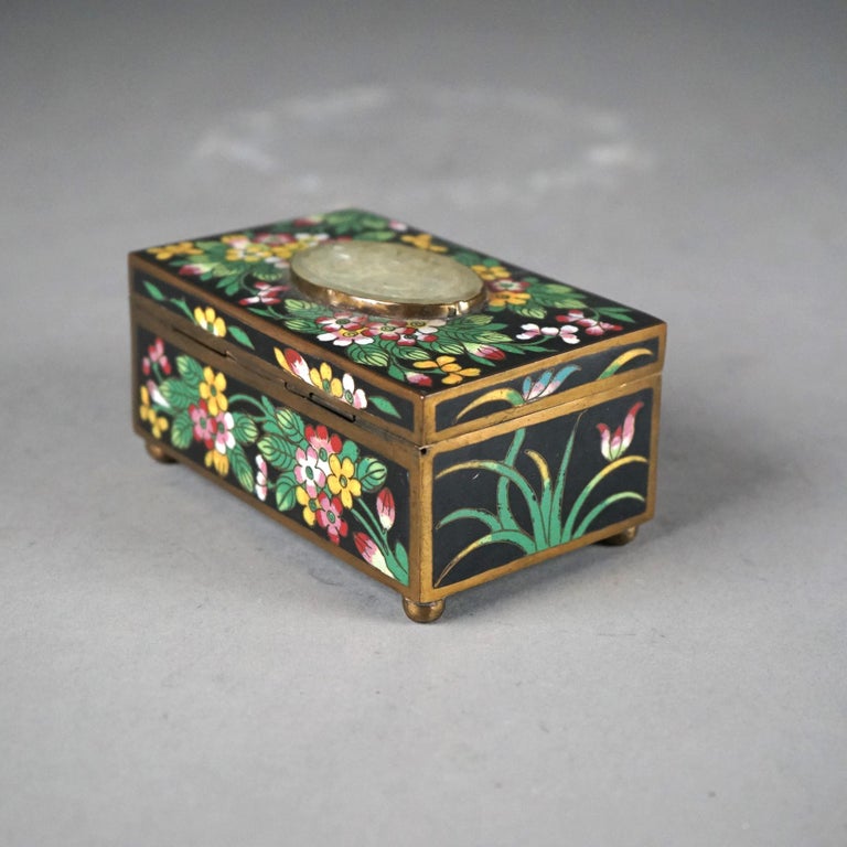 Antique Chinese Cloisonne Floral Enameled & Carved White Jade Dresser Box C1920