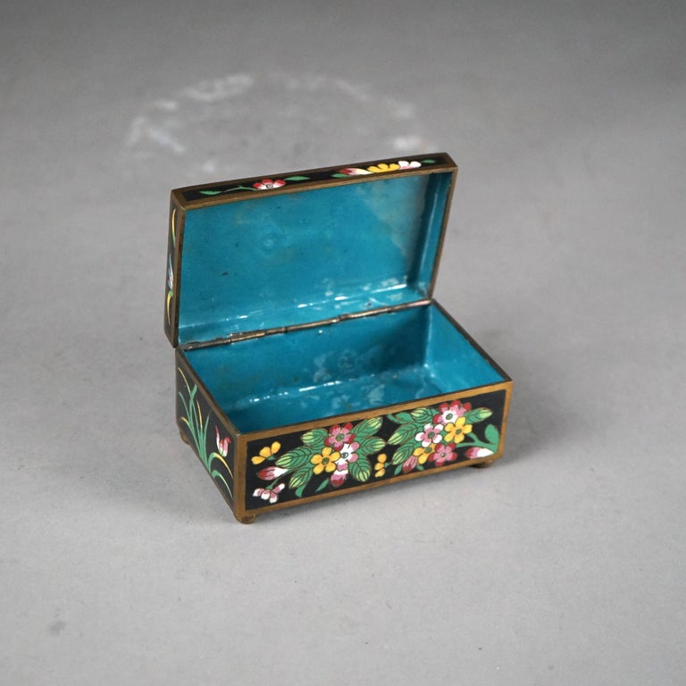Antique Chinese Cloisonne Floral Enameled & Carved White Jade Dresser Box C1920
