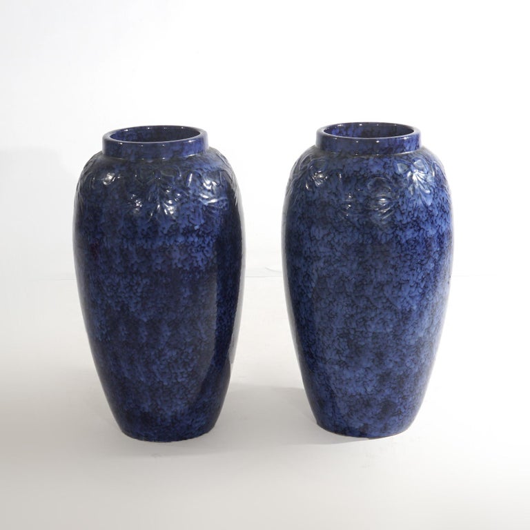 Pair Antique Roseville Art Pottery Floral Embossed Vases with Mottled Blue Glaze