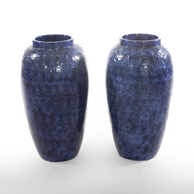 Pair Antique Roseville Art Pottery Floral Embossed Vases with Mottled Blue Glaze