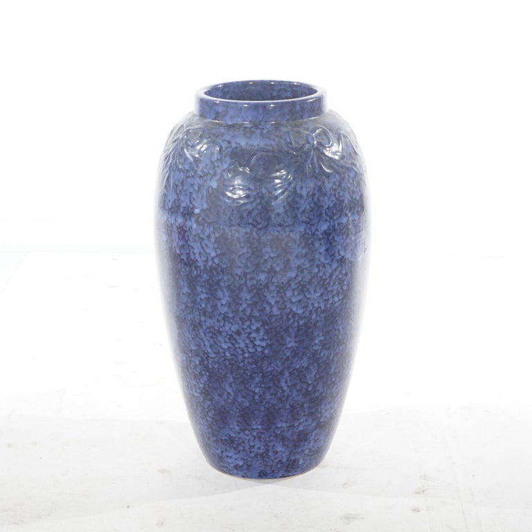 Pair Antique Roseville Art Pottery Floral Embossed Vases with Mottled Blue Glaze