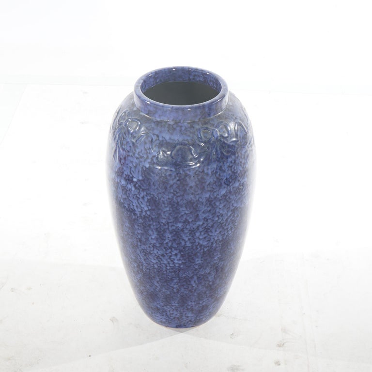 Pair Antique Roseville Art Pottery Floral Embossed Vases with Mottled Blue Glaze