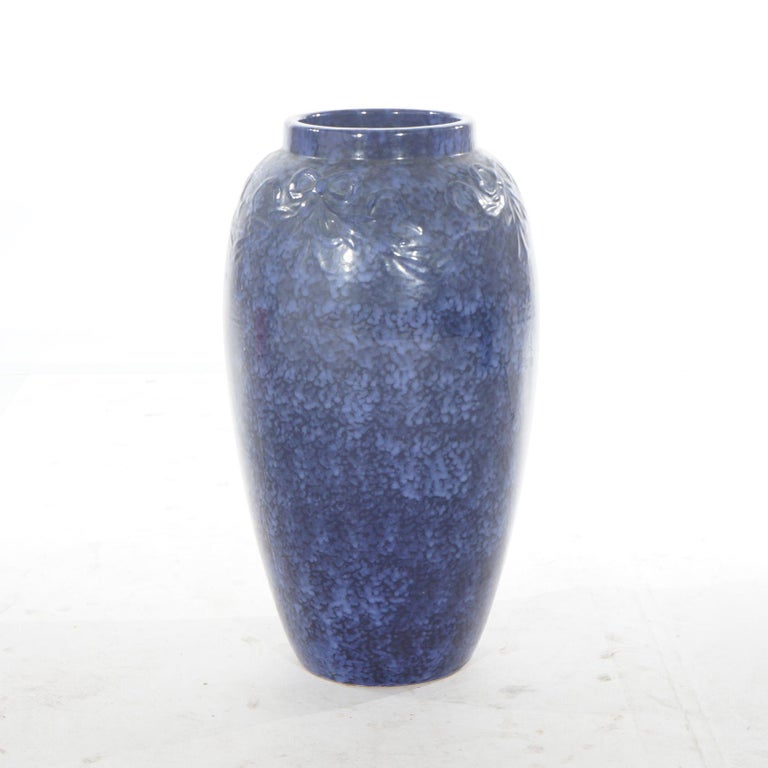 Pair Antique Roseville Art Pottery Floral Embossed Vases with Mottled Blue Glaze