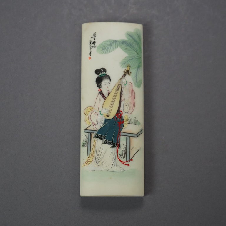 Chinese Hand Painted Hard Stone Paperweight with Woman & Instrument 20th C