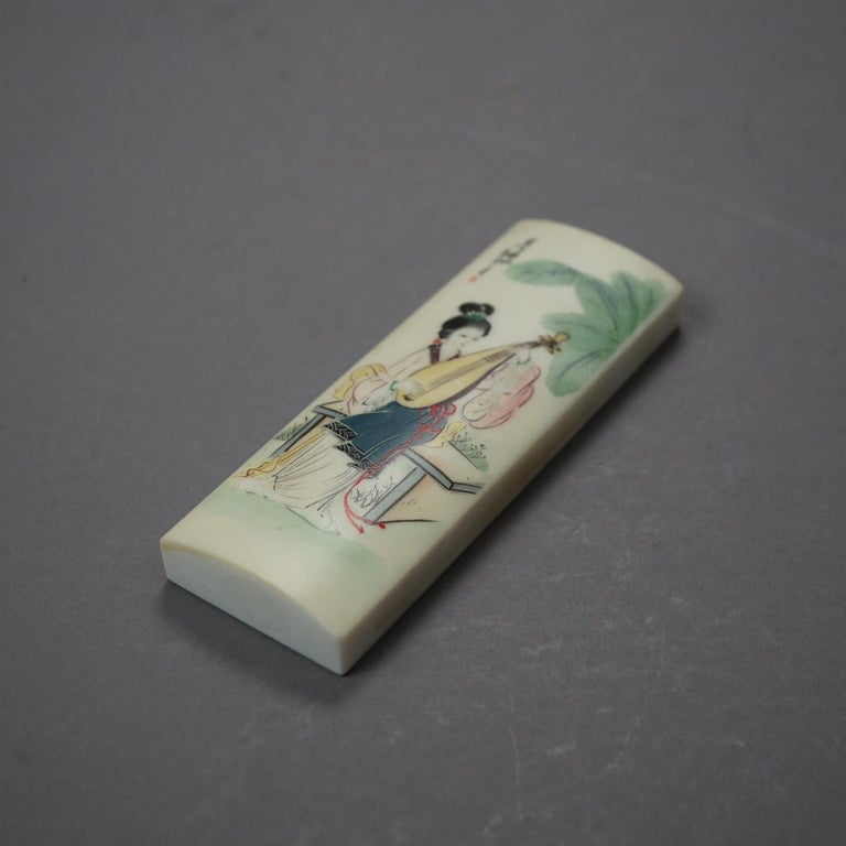 Chinese Hand Painted Hard Stone Paperweight with Woman & Instrument 20th C
