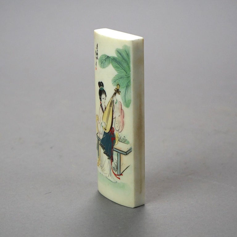 Chinese Hand Painted Hard Stone Paperweight with Woman & Instrument 20th C