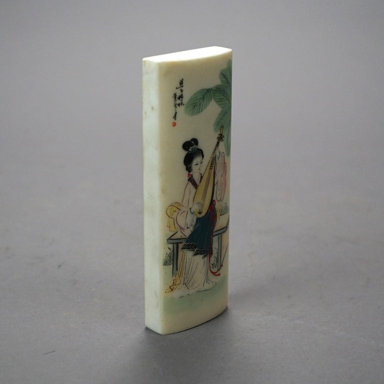 Chinese Hand Painted Hard Stone Paperweight with Woman & Instrument 20th C