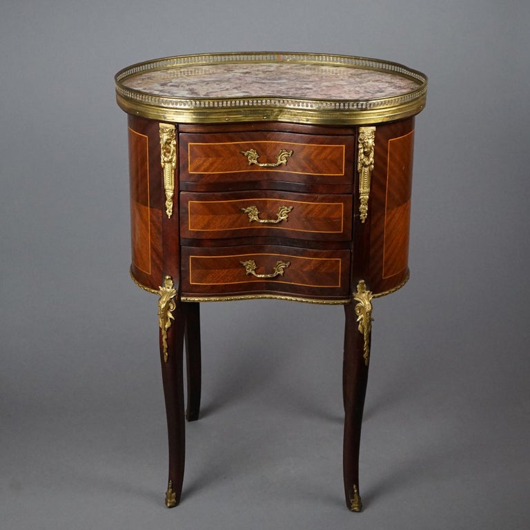 Antique French Mahogany, Kingwood, Marble & Ormolu Kidney Shaped Side Table