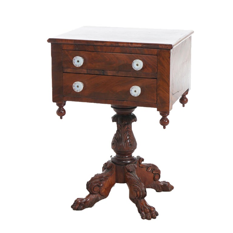 Antique American Empire Carved Flame Mahogany Two-Drawer Sewing Table c1840