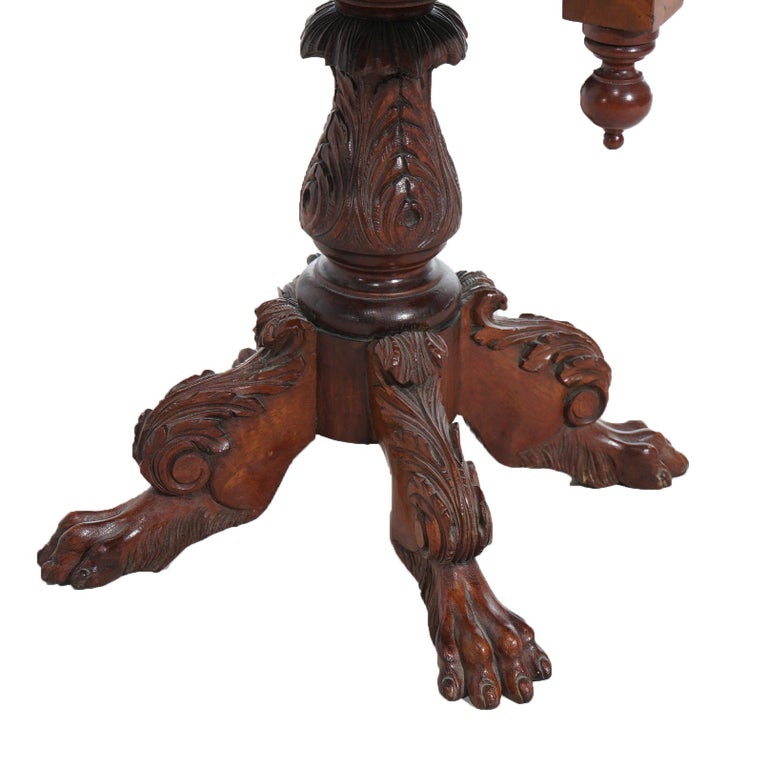 Antique American Empire Carved Flame Mahogany Two-Drawer Sewing Table c1840