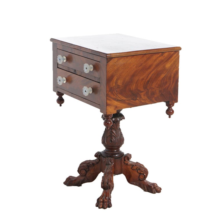 Antique American Empire Carved Flame Mahogany Two-Drawer Sewing Table c1840
