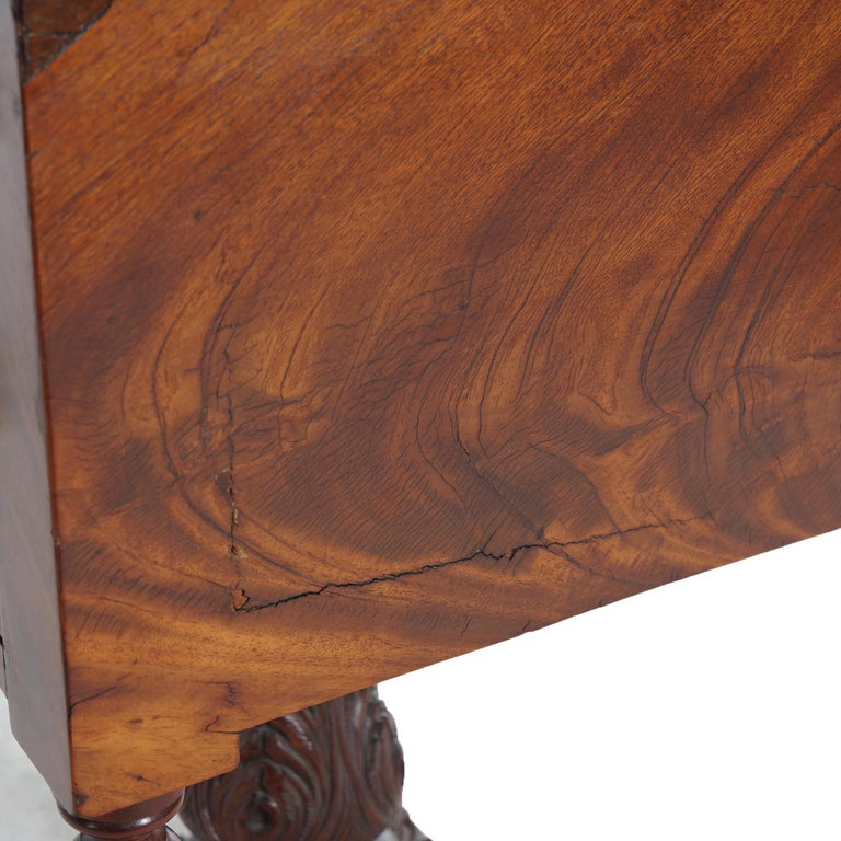 Antique American Empire Carved Flame Mahogany Two-Drawer Sewing Table c1840