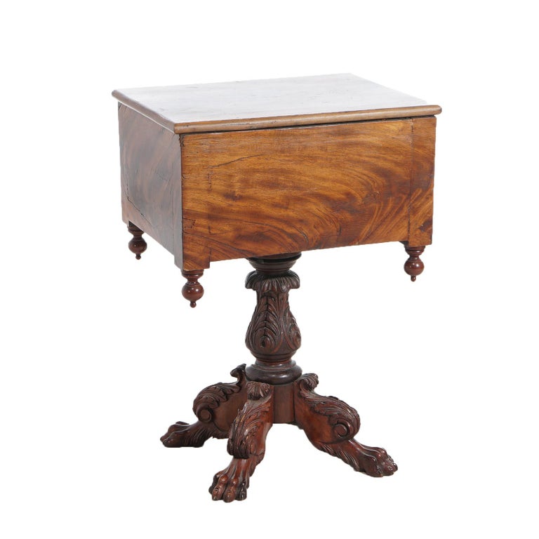 Antique American Empire Carved Flame Mahogany Two-Drawer Sewing Table c1840
