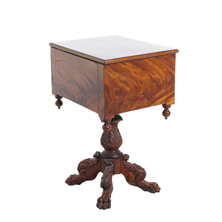 Antique American Empire Carved Flame Mahogany Two-Drawer Sewing Table c1840