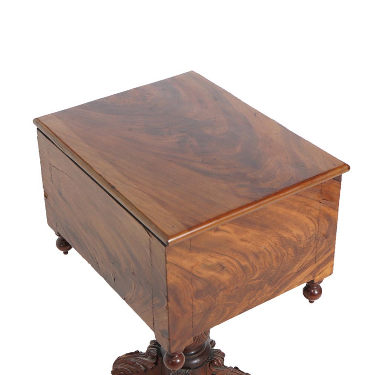 Antique American Empire Carved Flame Mahogany Two-Drawer Sewing Table c1840