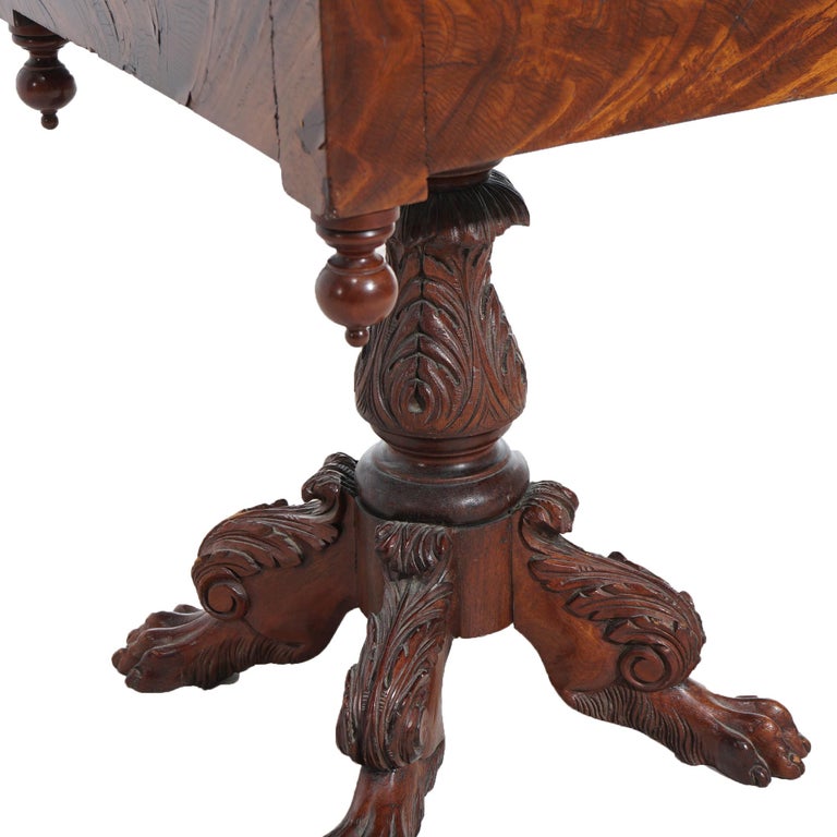 Antique American Empire Carved Flame Mahogany Two-Drawer Sewing Table c1840