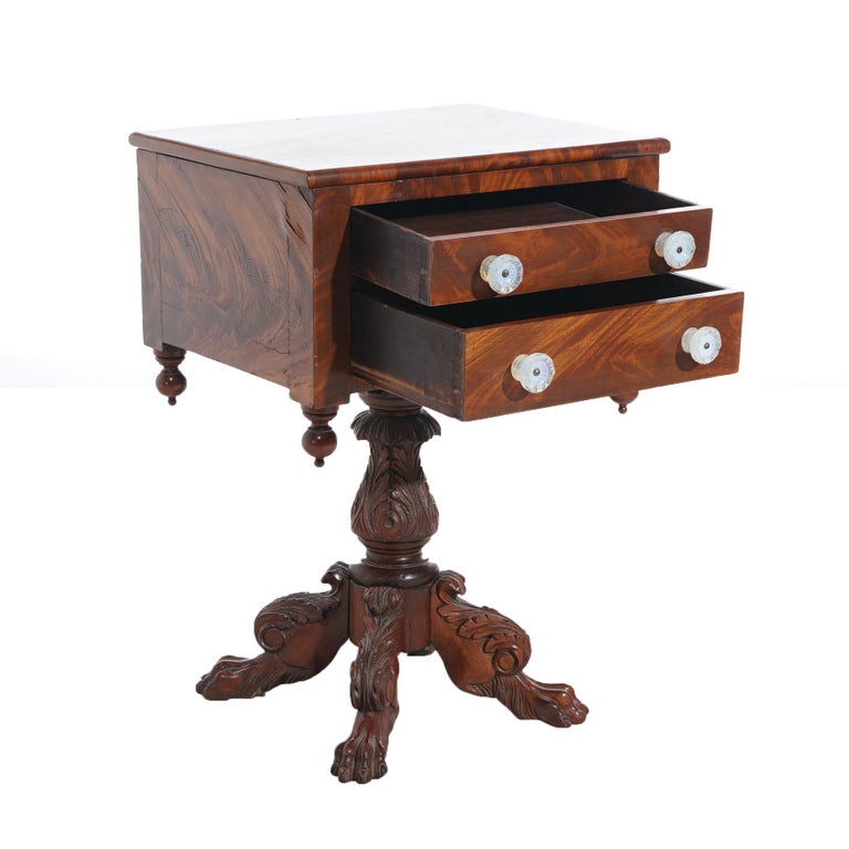 Antique American Empire Carved Flame Mahogany Two-Drawer Sewing Table c1840