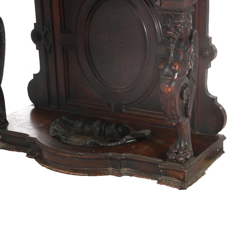 Antique Renaissance Revival Carved Walnut Figural Marble Top Hall Tree c1880