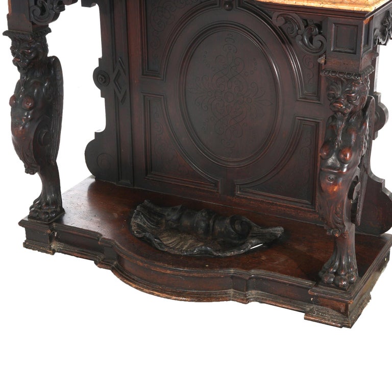 Antique Renaissance Revival Carved Walnut Figural Marble Top Hall Tree c1880