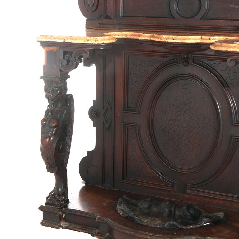 Antique Renaissance Revival Carved Walnut Figural Marble Top Hall Tree c1880