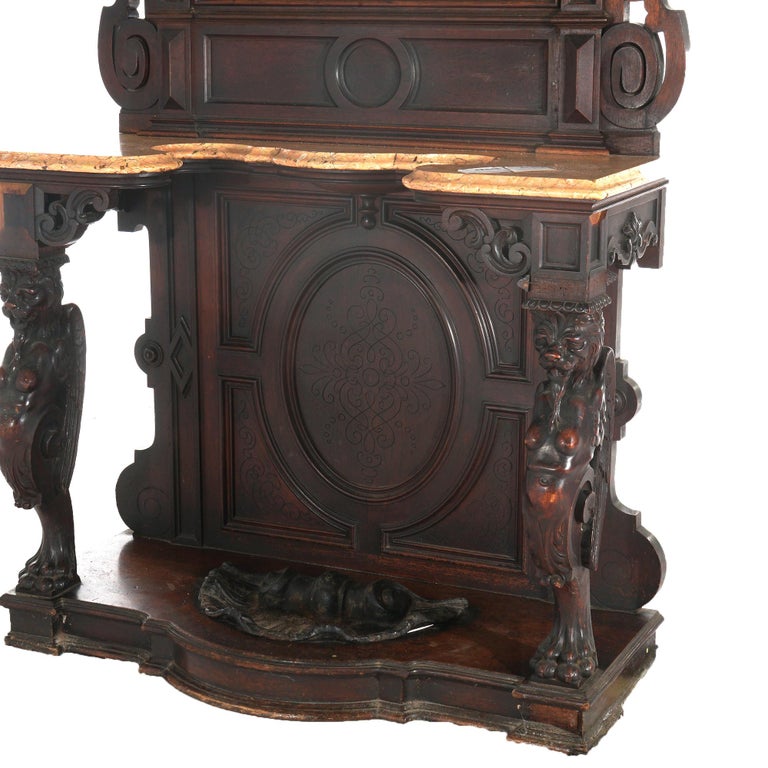 Antique Renaissance Revival Carved Walnut Figural Marble Top Hall Tree c1880