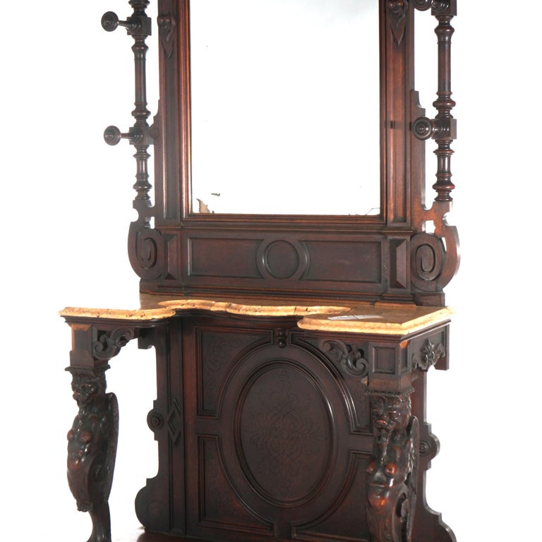 Antique Renaissance Revival Carved Walnut Figural Marble Top Hall Tree c1880