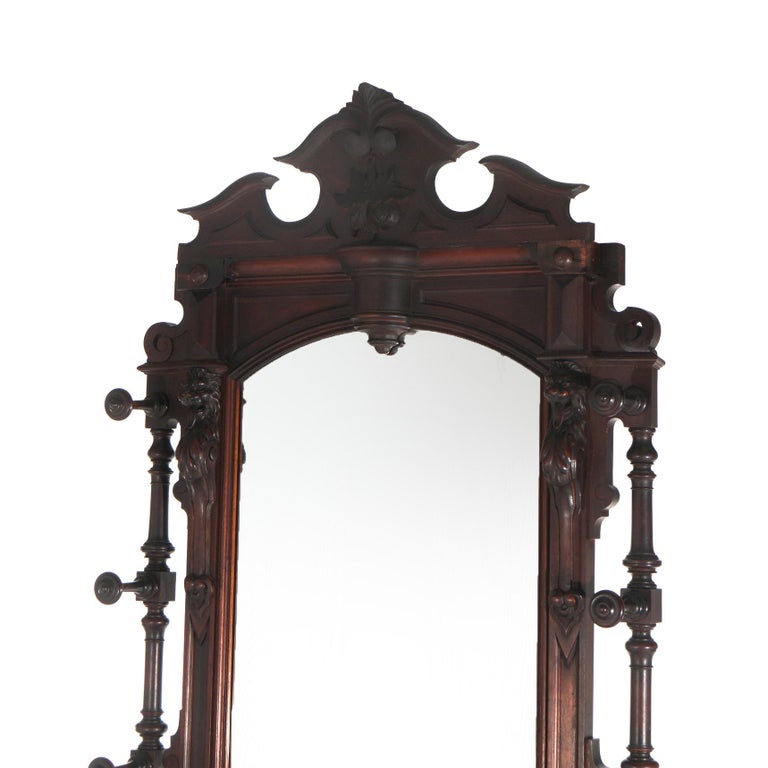 Antique Renaissance Revival Carved Walnut Figural Marble Top Hall Tree c1880