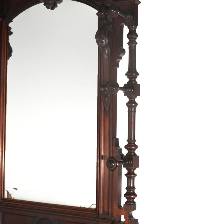 Antique Renaissance Revival Carved Walnut Figural Marble Top Hall Tree c1880