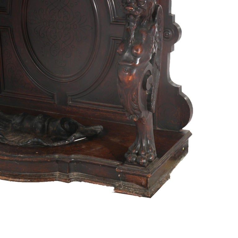 Antique Renaissance Revival Carved Walnut Figural Marble Top Hall Tree c1880