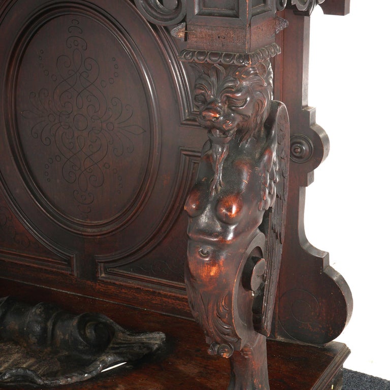 Antique Renaissance Revival Carved Walnut Figural Marble Top Hall Tree c1880