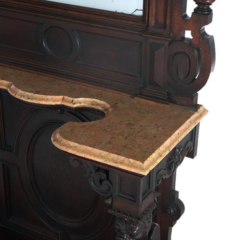 Antique Renaissance Revival Carved Walnut Figural Marble Top Hall Tree c1880