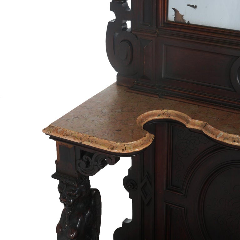 Antique Renaissance Revival Carved Walnut Figural Marble Top Hall Tree c1880